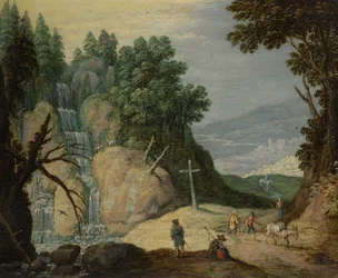 Eine felsige Landschaft mit Wasserfall und Reisenden auf einem Pfad